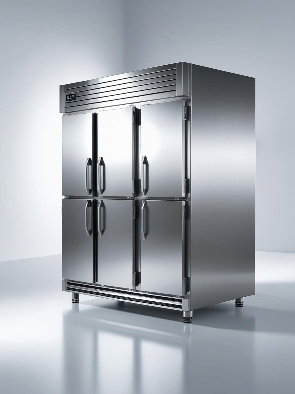 4 door commercial freezer with white background in the back